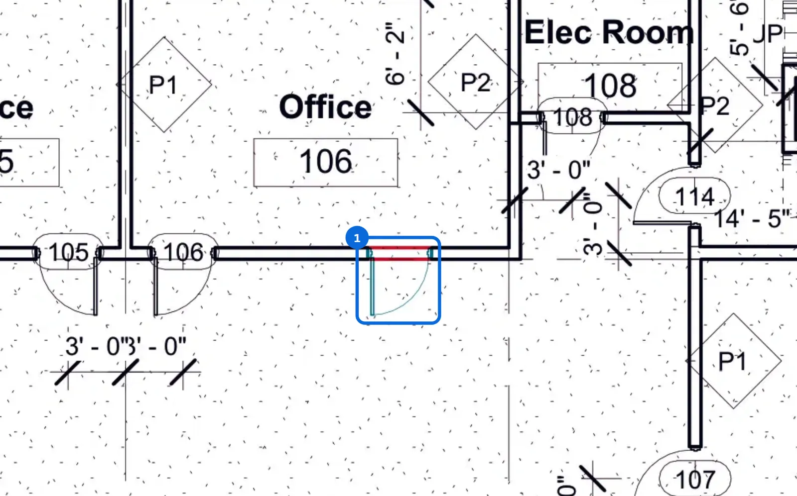 Overlay of A101: the door added between Office 106 and the corridor, boxed as place 1.