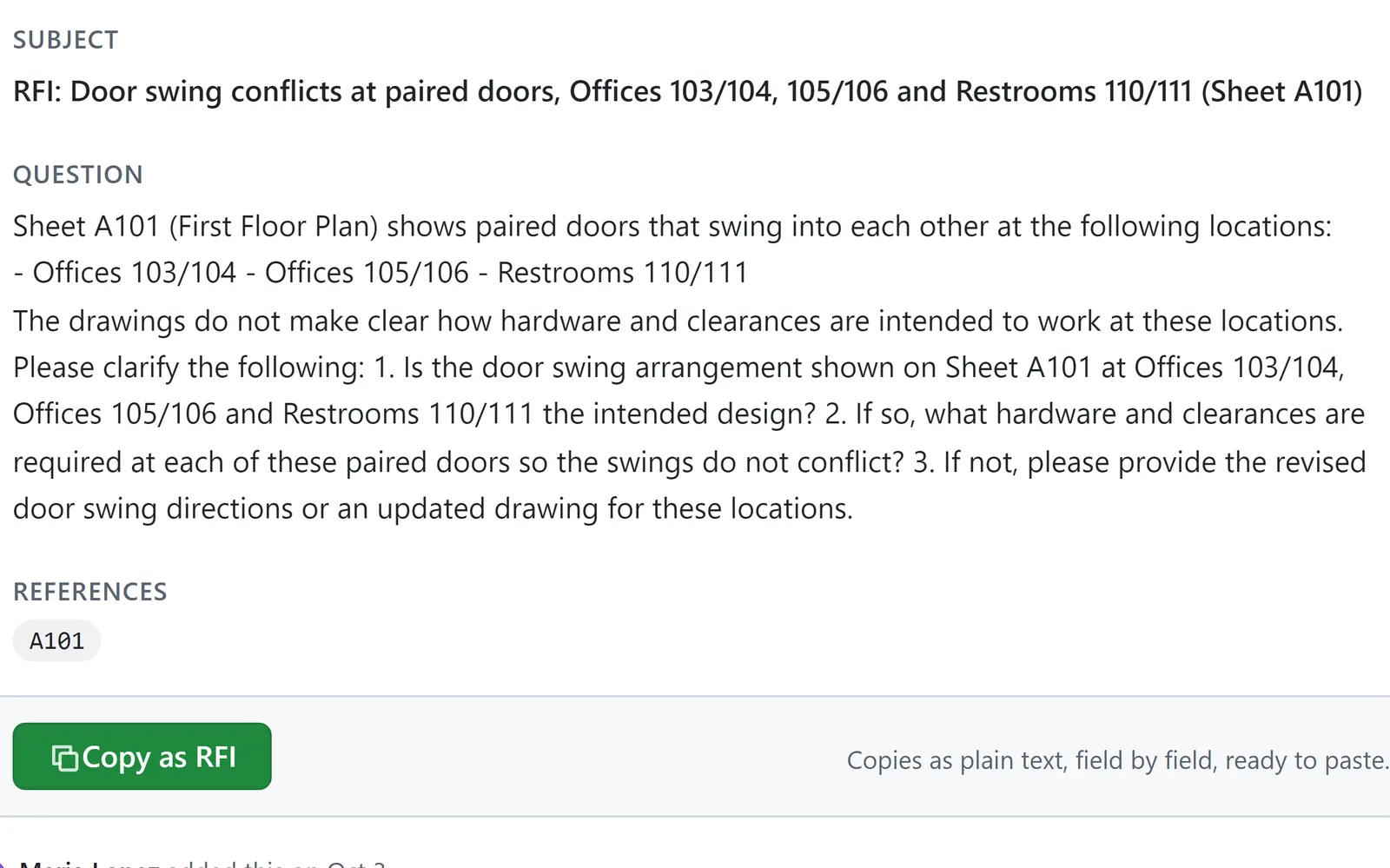An RFI draft from finding #3: the subject, the question and the cited sheet A101, with Copy as RFI.